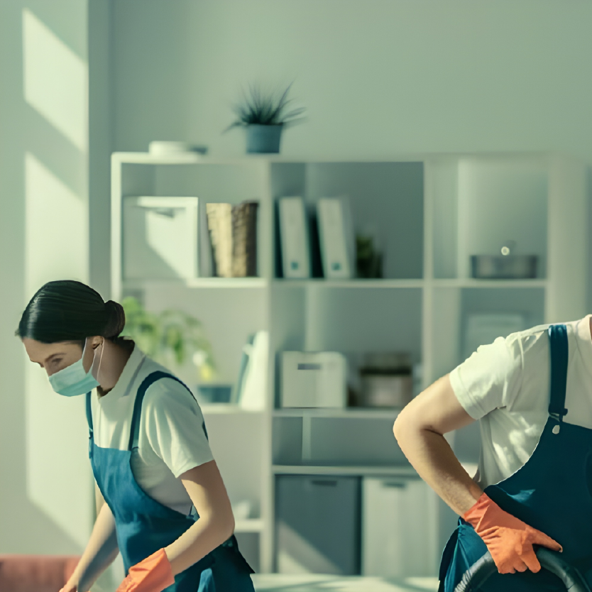 Person cleaning a sofa with a vacuum cleaner